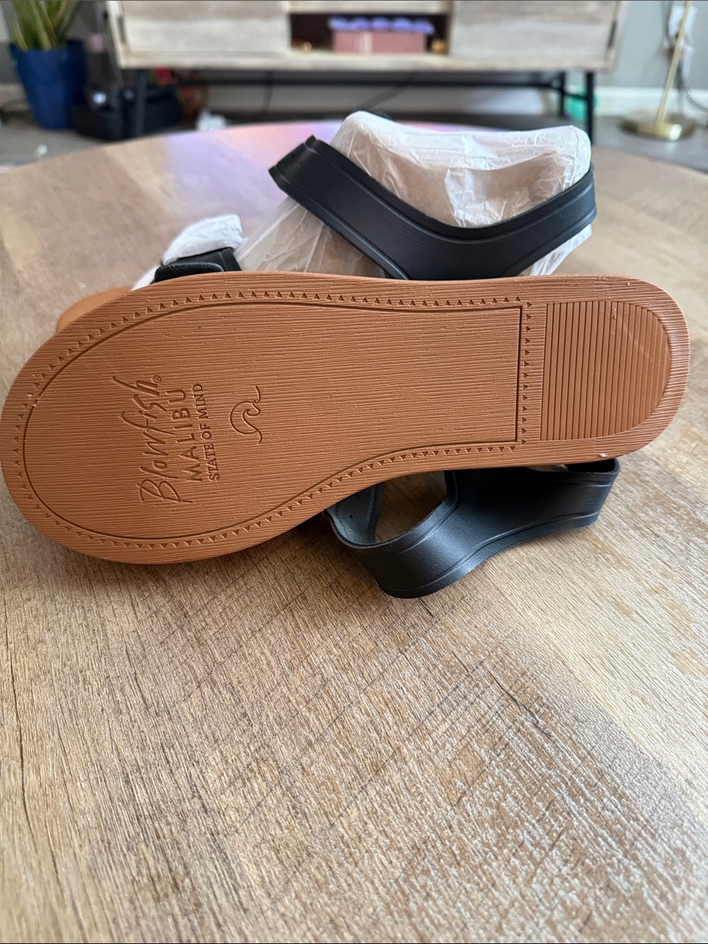 Women's Black Wedge Sandals with Tan Cork Sole - Picture 2 of 3